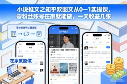 小说推文之知乎双图文从0—1实操课,零粉丝账号在家就能做,一天收益几张