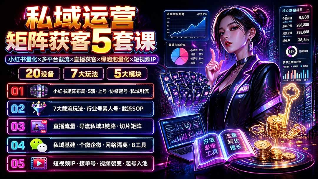 私域运营矩阵获客5套课：小红书量化×多平台截流×直播获客×绿泡泡量化×短视频IP×20设备×7大玩法-科技美南博客