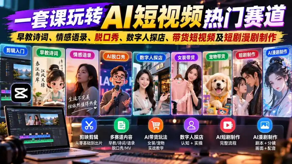一套课玩转AI短视频热门赛道：早教诗词、情感语录、脱口秀、数字人探店、带货短视频及短剧漫剧制作 复制标题-科技美南博客