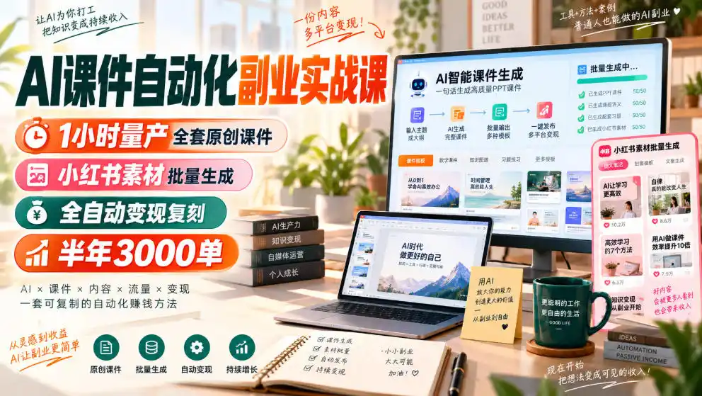 AI课件自动化副业实战课，1小时量产全套原创课件，小红书素材批量生成，全自动变现复刻，半年3000单-科技美南博客