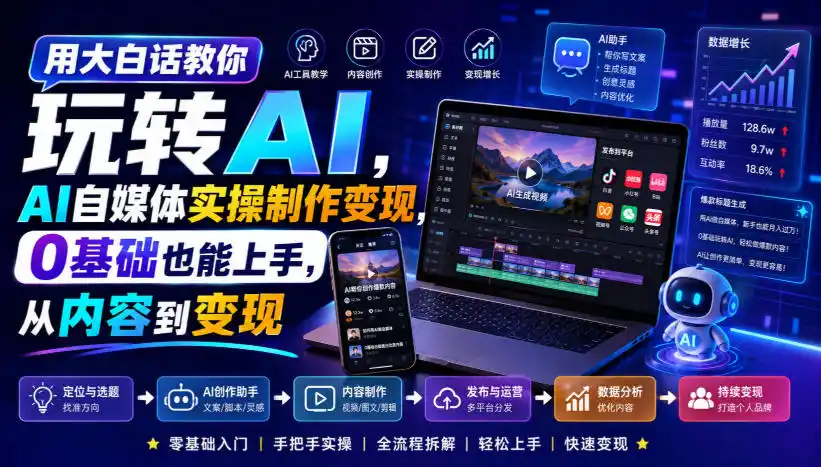 用大白话教你玩转AI，AI自媒体实操制作变现，0基础也能上手，从内容到变现-科技美南博客