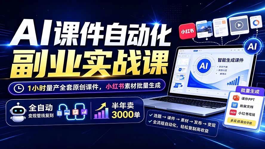 AI课件自动化副业实战课：1小时量产全套原创课件×小红书素材批量生成×全自动变现管线×半年卖3000单-科技美南博客