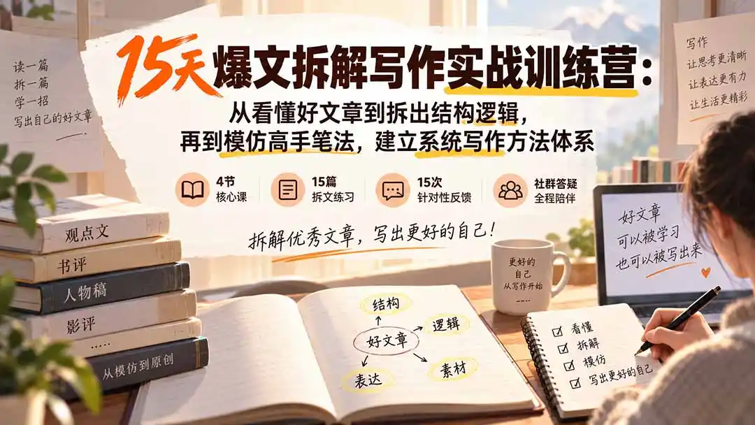 15天爆文拆解写作实战训练营：从看懂好文章到拆出结构逻辑，再到模仿高手笔法，建立系统写作方法体系-科技美南博客