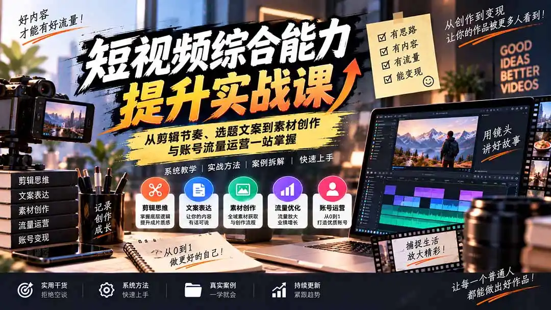 短视频综合能力提升实战课：从剪辑节奏、选题文案到素材创作与账号流量运营一站掌握-科技美南博客