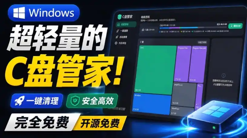 Windows超轻量的C盘管家！超级有特点，支持磁盘分析及清理提醒，2M大小体积，完全免费C盘管家-科技美南博客
