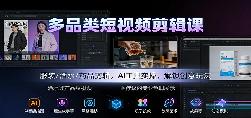 多品类短视频剪辑课：服装/酒水/药品剪辑，AI工具实操，解锁创意玩法-科技美南博客
