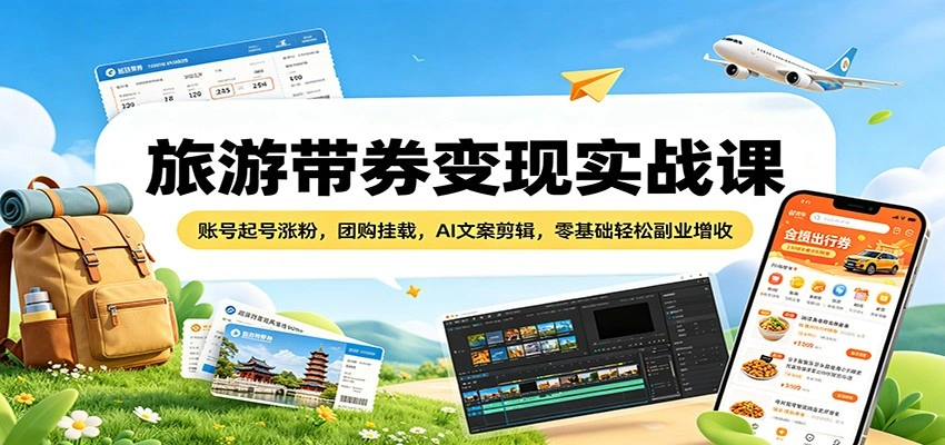旅游带券变现实战课：账号起号涨粉，团购挂载，AI文案剪辑，零基础轻松副业增收-科技美南博客