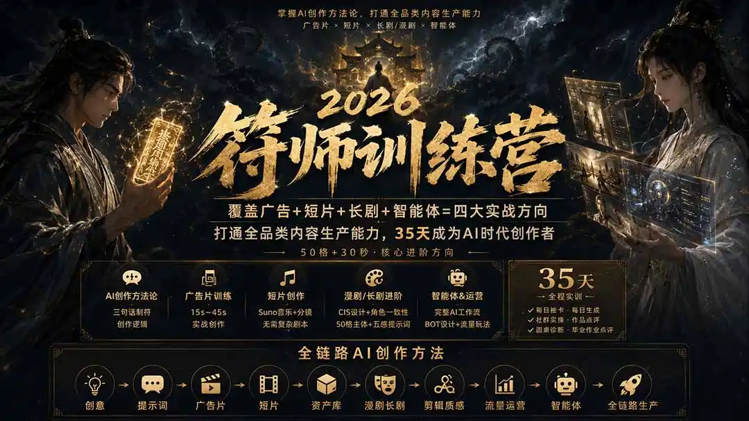 符师训练营-35天成为AI时代创作者，广告+短片+漫剧+智能体四大实战方向，掌握从创意到上线的完整工作流-科技美南博客