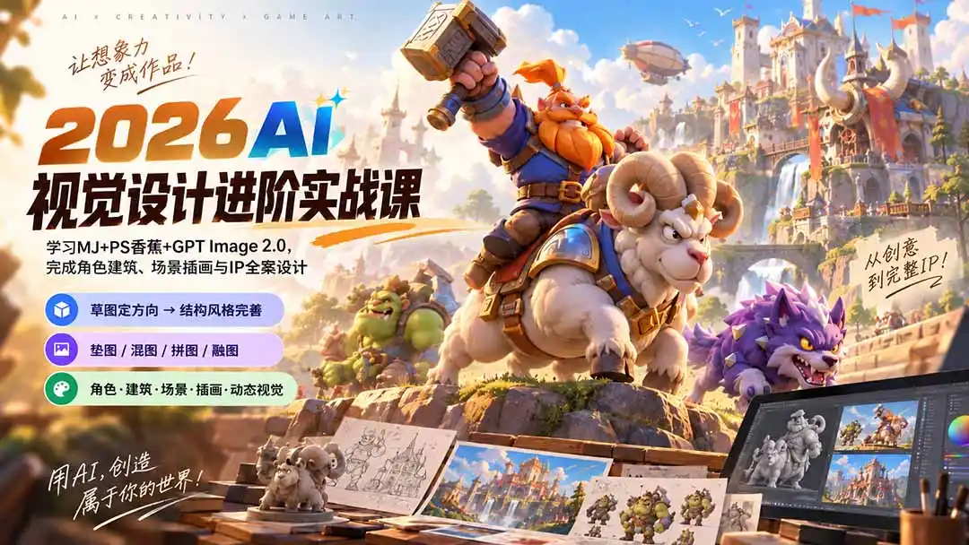 2026AI视觉设计进阶实战课-更新:学习MJ+PS香蕉+GPT Image 2.0,完成角色建筑、场景插画与IP全案设计-科技美南博客