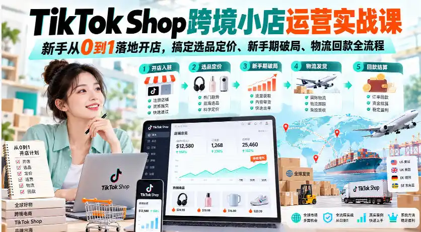 TikTok Shop跨境小店运营实战课,新手从0到1落地开店,搞定选品定价、新手期破局、物流回款全流程-科技美南博客