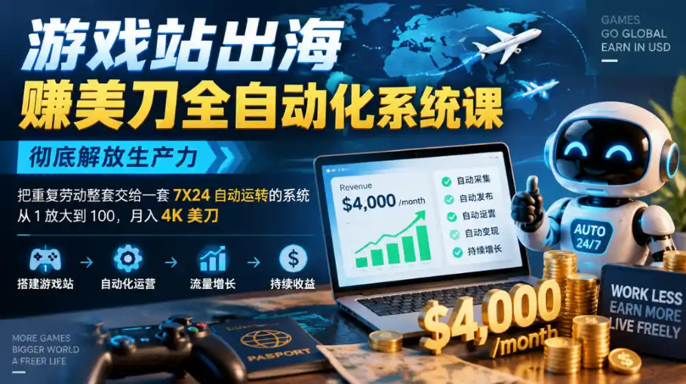 游戏站出海賺美刀全自动化系统课，彻底解放生产力–把重复劳动整套交给一套7X24自动运转的系统，从1放大到100，月入4K美刀-科技美南博客