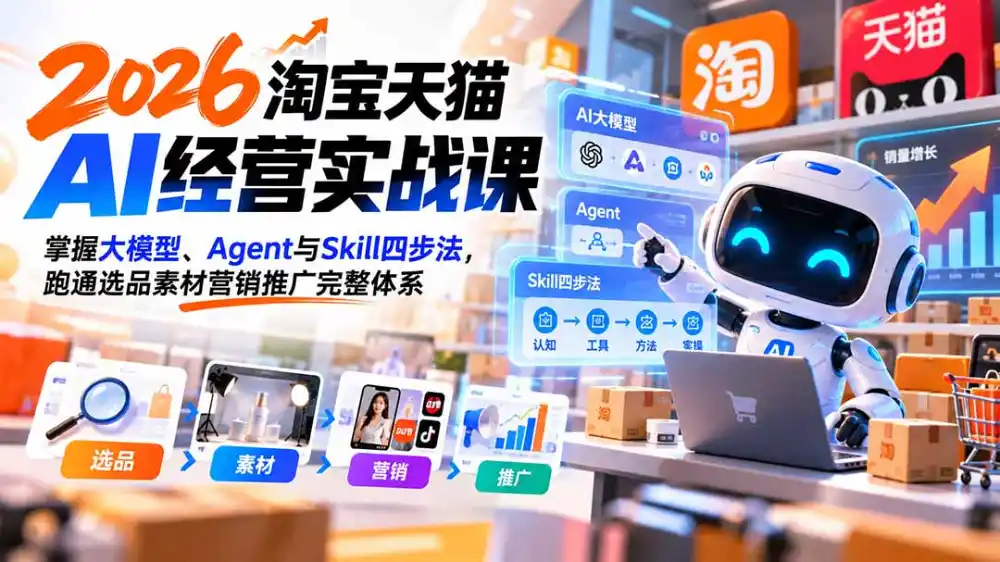 【无水印】2026淘宝天猫AI经营实战课:掌握大模型、Agent与Skill四步法,跑通选品素材营销推广完整体系-科技美南博客