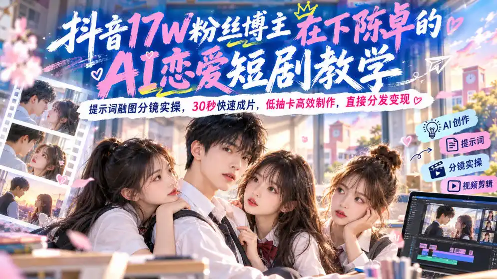 抖音17W粉丝博主在下陈卓的AI恋爱短剧教学，提示词融图分镜实操，30秒快速成片，低抽卡高效制作，直接分发变现-科技美南博客