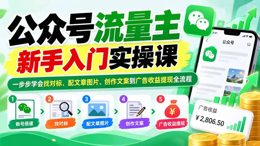 公众号流量主新手入门实操课：一步步学会找对标、配文章图片、创作文案到广告收益提现全流程-科技美南博客