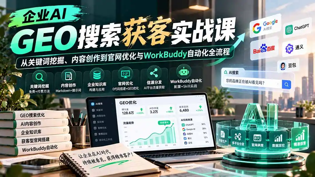 企业AI GEO搜索获客实战课:从关键词挖掘、内容创作到官网优化与WorkBuddy自动化全流程-科技美南博客