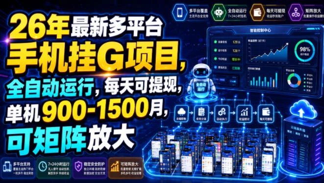 26年最新多平台手机挂G项目，全自动运行，每天可提现，单机900-1500月，可矩阵放大【揭秘】-科技美南博客