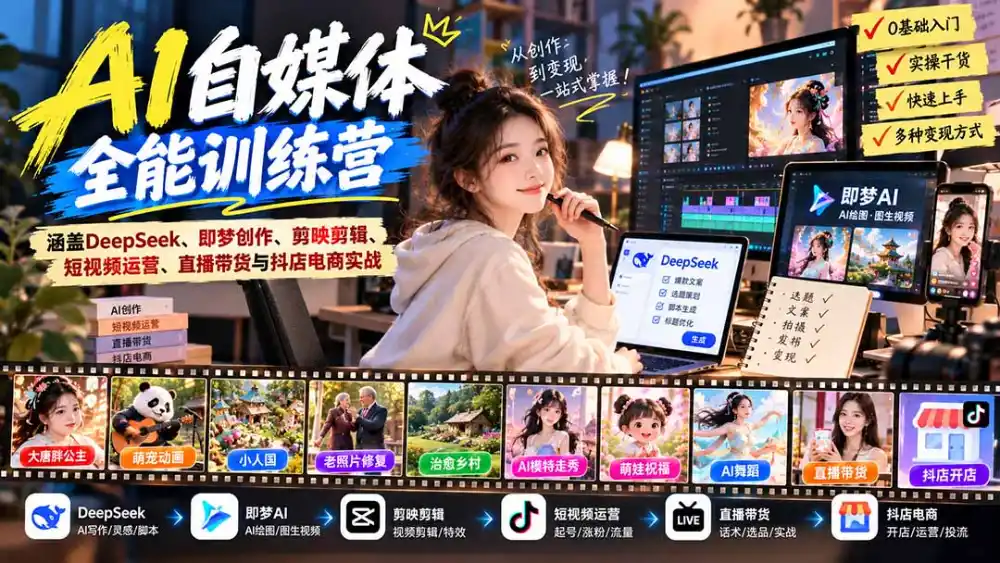 【无水印】AI+自媒体全能训练营：涵盖DeepSeek、即梦创作、剪映剪辑、短视频运营、直播带货与抖店电商实战-科技美南博客