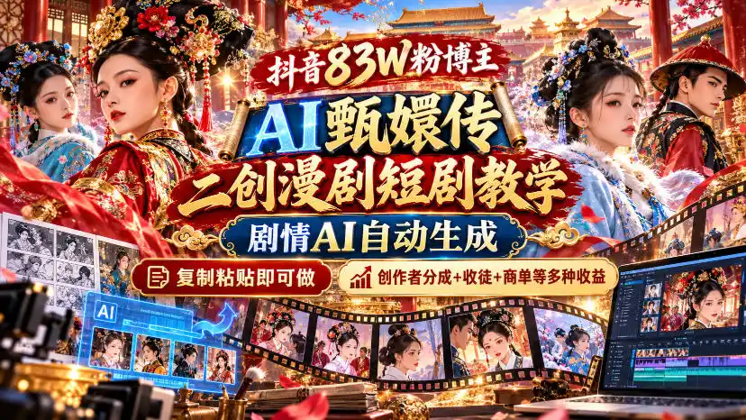 抖音83W粉博主AI甄嬛传二创漫剧短剧教学｜剧情AI自动生成，复制粘贴即可做，各大平台创作者分成+收徒等多种收益-科技美南博客