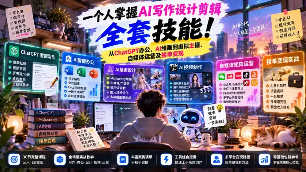 一个人掌握AI写作设计剪辑全套技能：从ChatGPT办公、AI绘画到虚拟主播、自媒体运营及接单变现-科技美南博客