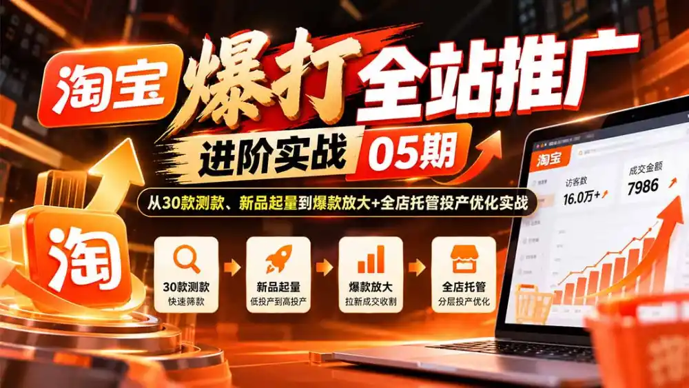 淘宝爆打全站推广进阶实战05期：从30款测款、新品起量到爆款放大+全店托管投产优化实战-科技美南博客