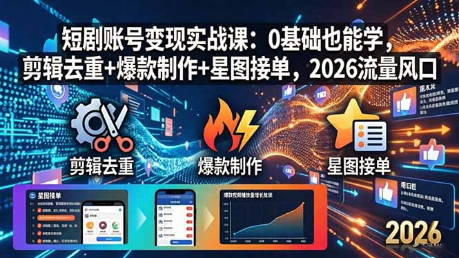 短剧账号变现实战课：0基础也能学，剪辑去重+爆款制作+星图接单，2026流量风口-科技美南博客