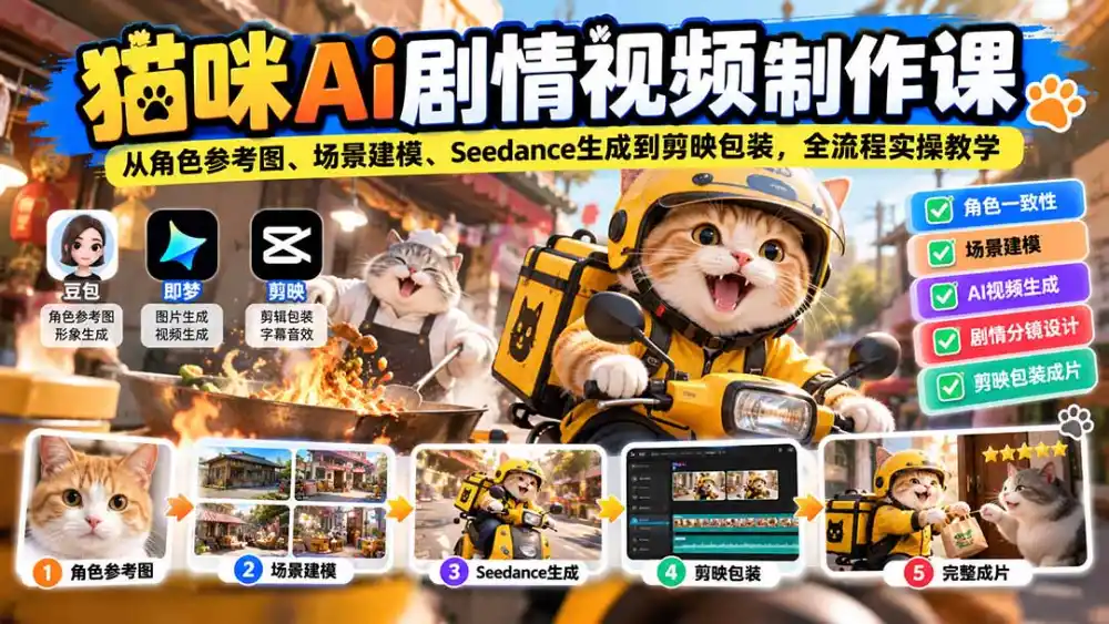 猫咪AI剧情视频制作课：从角色参考图、场景建模、Seedance生成到剪映包装，全流程实操教学-科技美南博客