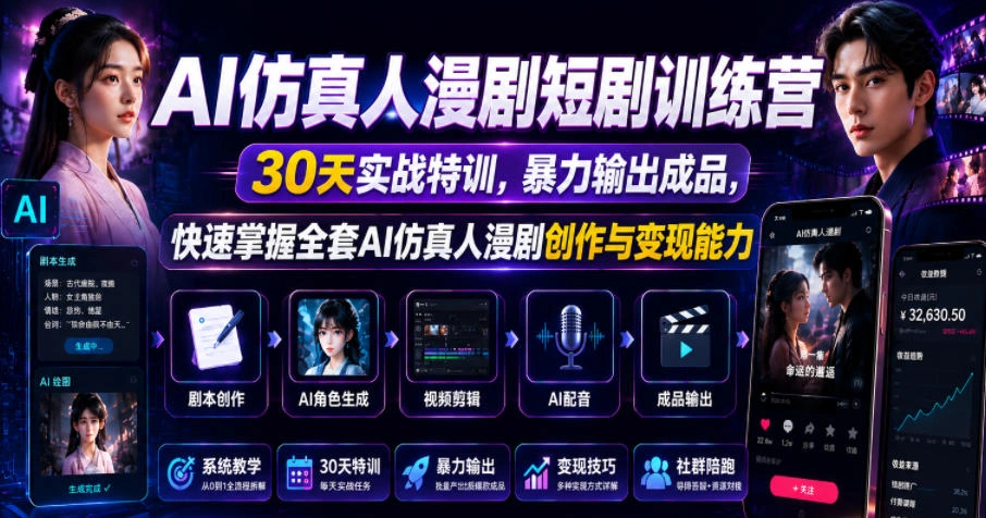 AI仿真人漫剧短剧训练营，30天实战特训，暴力输出成品，快速掌握全套AI仿真人漫剧创作与变现能力-科技美南博客