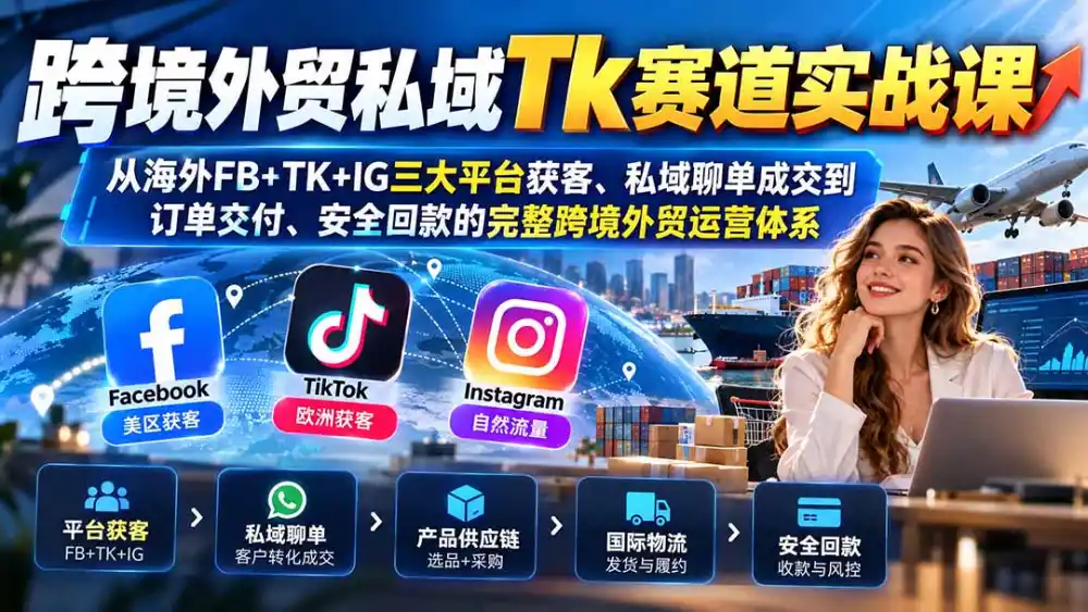 跨境外贸私域Tk赛道实战课：从海外FB+TK+IG三大平台获客、私域聊单成交到订单交付、安全回款的完整跨境外贸运营体系-科技美南博客