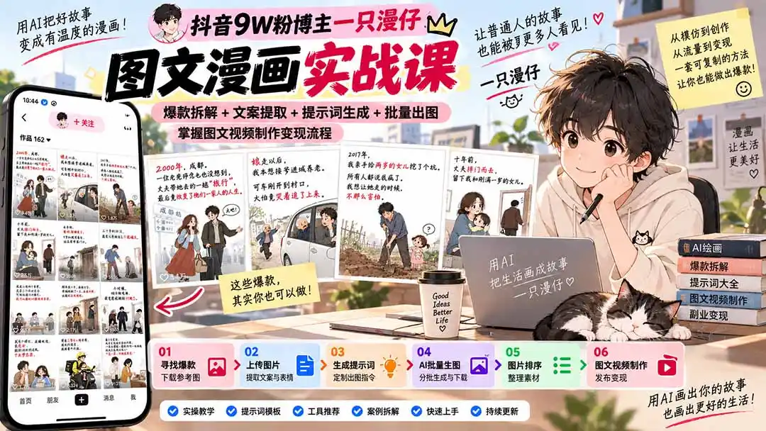 抖音9W粉博主一只漫仔图文漫画课：爆款拆解+文案提取+提示词生成+批量出图，掌握图文视频制作变现流程-科技美南博客