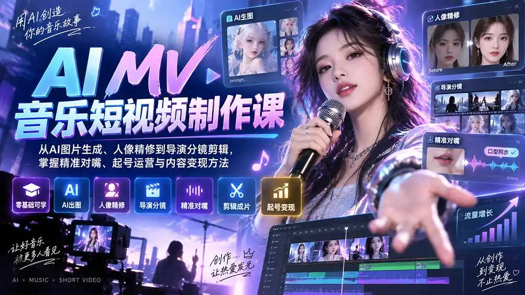 AI MV音乐短视频制作课：从AI图片生成、人像精修到导演分镜剪辑，掌握精准对嘴、起号运营与内容变现方法-科技美南博客