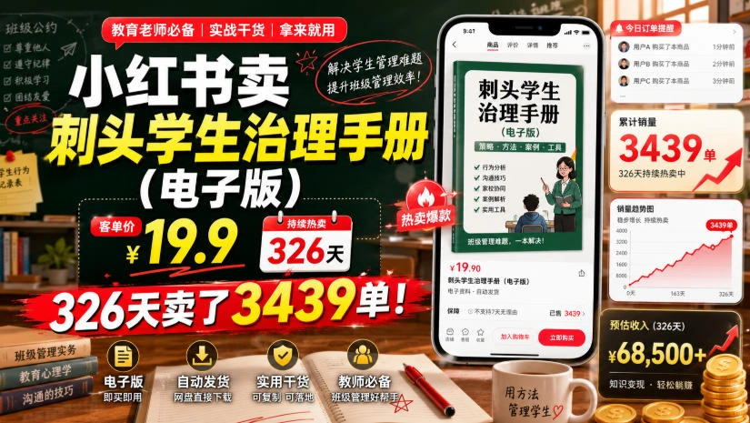 小红书卖刺头学生治理手册(电子版)，客单价19.9，326天卖了3439单！-科技美南博客