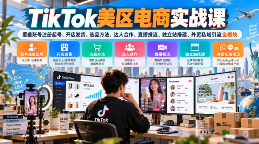 TikTok美区电商实战课，覆盖账号注册起号、开店发货、选品方法、达人合作、直播投流、独立站搭建、外贸私域引流全模块-科技美南博客