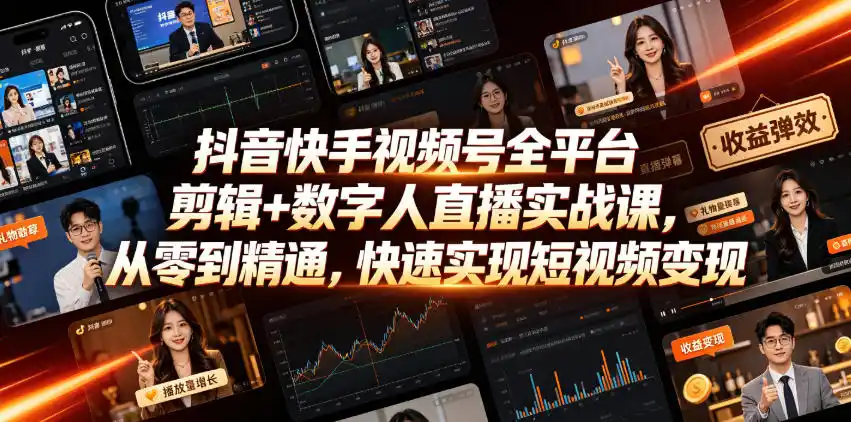 抖音快手视频号全平台剪辑+数字人直播实战课，从零到精通，快速实现短视频变现(更新2026年10月)-科技美南博客