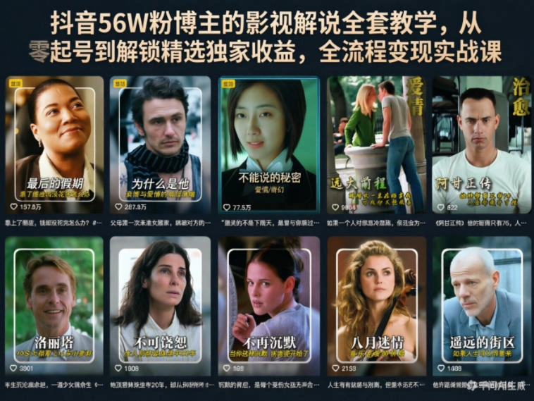 抖音56W粉博主的影视解说全套教学，从零起号到解锁精选独家收益，全流程变现实战课-科技美南博客