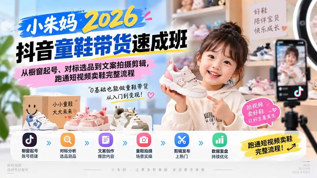 小朱妈2026抖音童鞋带货速成班:从橱窗起号、对标选品到文案拍摄剪辑,跑通短视频卖鞋完整流程-科技美南博客