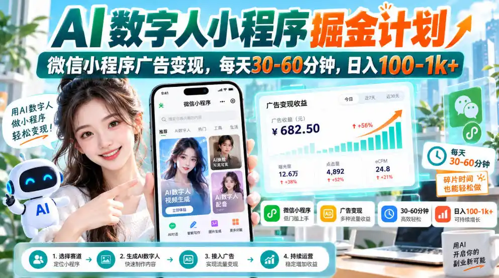 【无水印】AI数字人小程序掘金计划，微信小程序广告变现，每天30‑60分钟，日入100‑1k+-科技美南博客