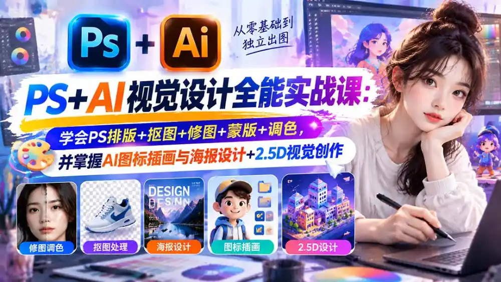 【无水印】PS+AI视觉设计全能实战课：学会PS排版+抠图+修图+蒙版+调色，并掌握AI图标插画与海报设计+2.5D视觉创作-科技美南博客