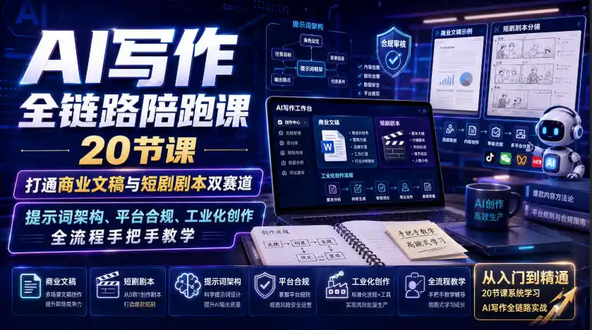AI写作全链路陪跑课|20节课打通商业文稿与短剧剧本双赛道,提示词架构、平台合规、工业化创作全流程手把手教学-科技美南博客
