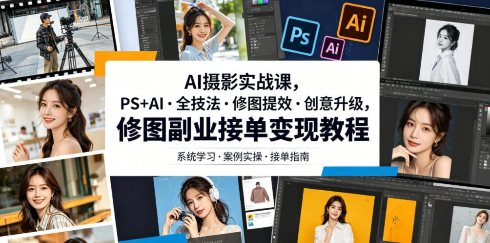 AI摄影实战课，PS+AI・全技法・修图提效・创意升级，修图副业接单变现教程-科技美南博客