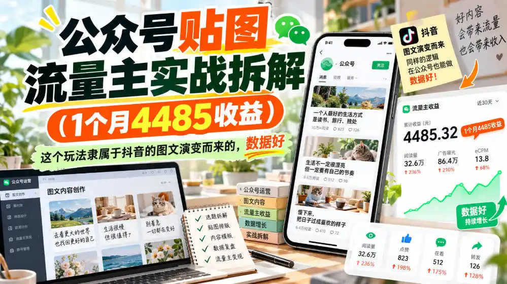 公众号贴图流量主实战拆解(1个月4485收益)，这个玩法隶属于抖音的图文演变而来的，数据好-科技美南博客
