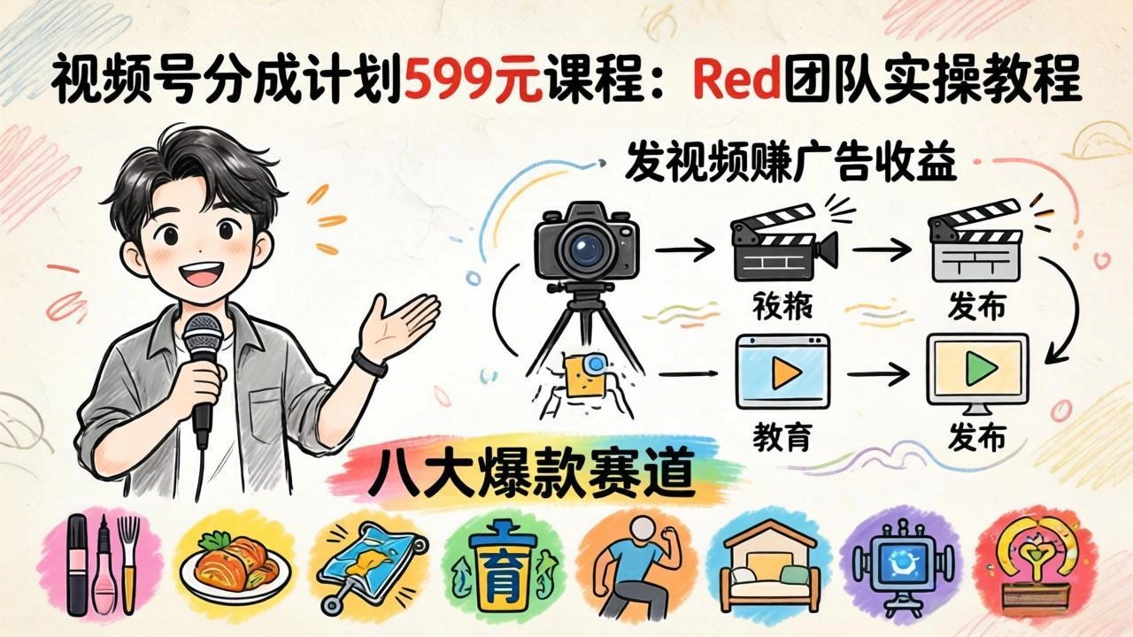 视频号分成计划599元课程：Red团队实操教程，发视频赚广告收益，八大爆款赛道全掌握-科技美南博客