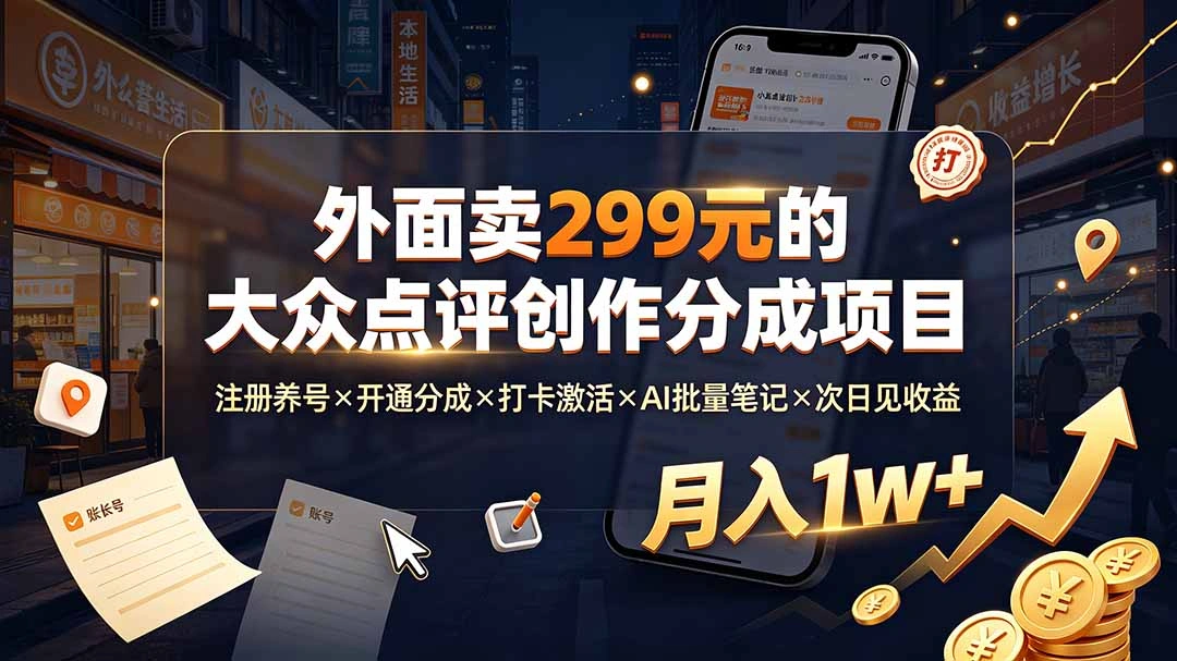 外面卖299元的大众点评创作分成项目：注册养号×开通分成×打卡激活×AI批量笔记×次日见收益，月入1w+-科技美南博客