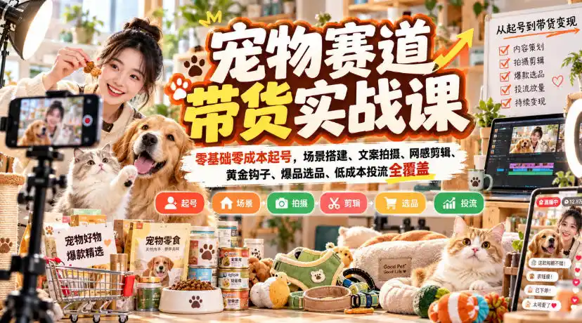宠物赛道带货实战课，零基础零成本起号，场景搭建、文案拍摄、网感剪辑、黄金钩子、爆品选品、低成本投流全覆盖-科技美南博客