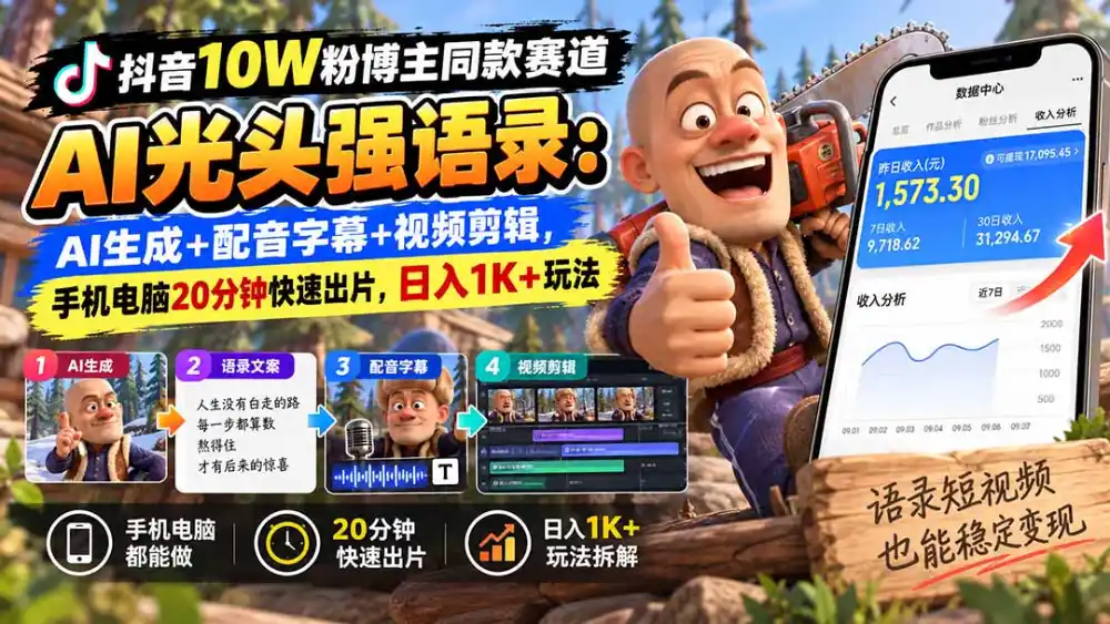 【无水印】抖音10W粉博主同款赛道AI光头强语录:AI生成+配音字幕+视频剪辑,手机电脑20分钟快速出片,日入1K+玩法-科技美南博客