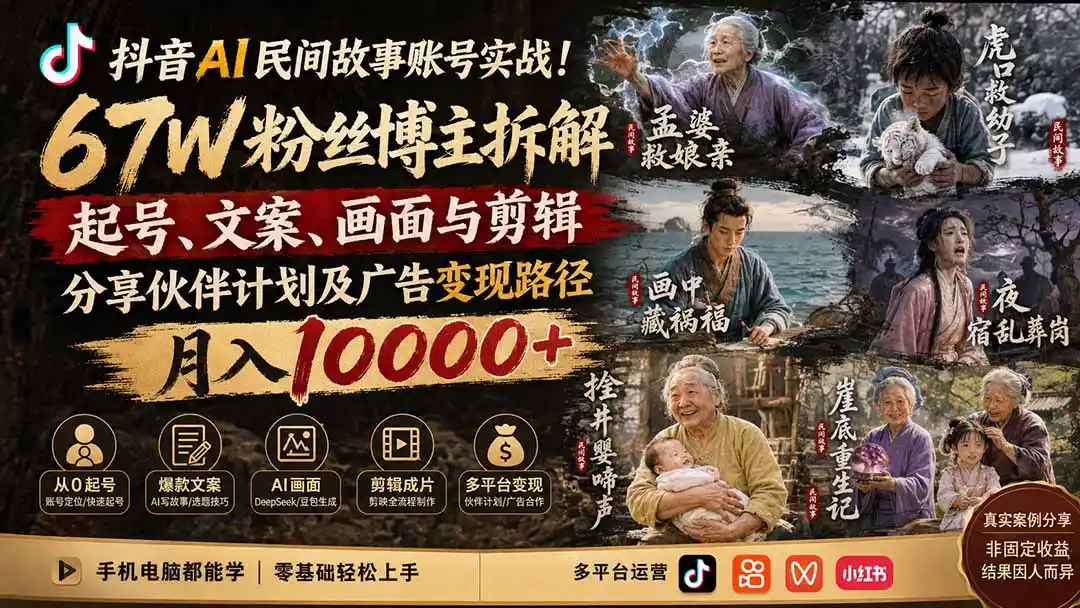 抖音AI民间故事账号实战！67W粉丝博主拆解起号、文案、画面与剪辑，分享伙伴计划及广告变现路径，月入10000+-科技美南博客