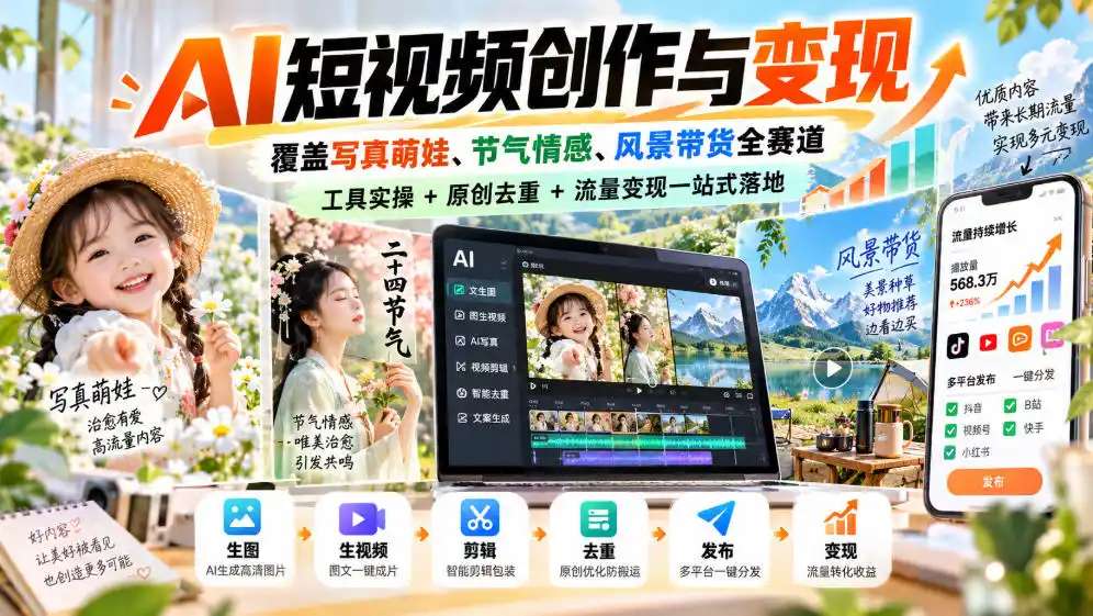 AI短视频创作与变现，覆盖写真萌娃、节气情感、风景带货全赛道，工具实操+原创去重+流量变现一站式落地-科技美南博客