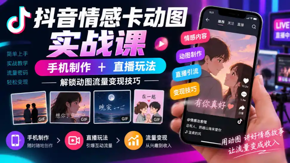 抖音情感卡动图实战课|手机制作+直播玩法,解锁动图流量变现技巧
