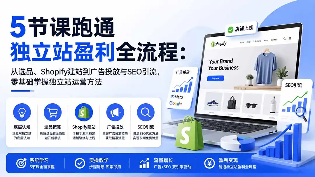 5节课跑通独立站盈利全流程:从选品、Shopify建站到广告投放与SEO引流,零基础掌握独立站运营方法-科技美南博客