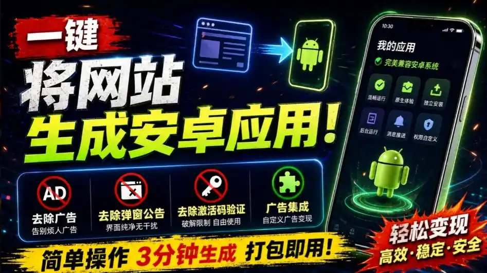 目前最好用,一键将网站生成安卓应用!支持去除广告、弹窗公告、激活码验证、广告集成等web-to-app-科技美南博客