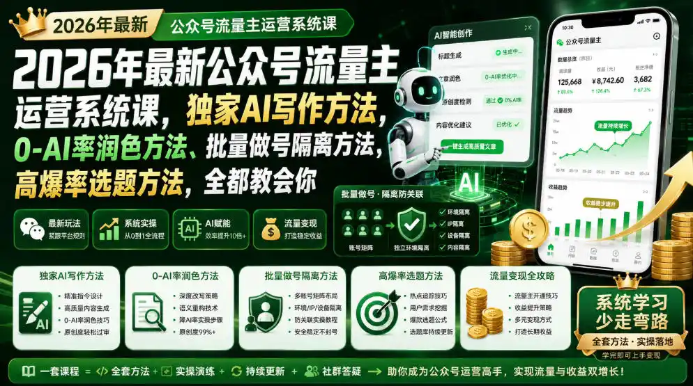 2026年最新公众号流量主运营系统课，独家AI写作方法，0-AI率润色方法、批量做号隔离方法、高爆率选题方法，全都教会你(更新1009)-科技美南博客